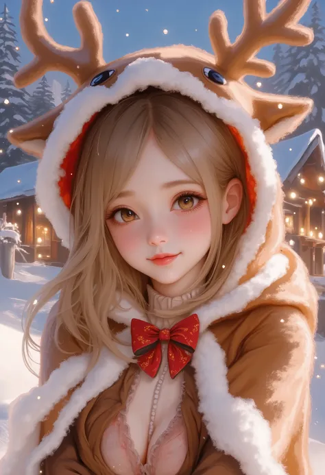 Kawaii style,Digital Painting,best quality,cute reindeer girl,Christmas cape with antler hood,brown and white outfit,red bow,playful pose,bright eyes,short skirt,festive atmosphere,snowy Christmas background,decorated tree,twinkling lights,wooden cabin,sof...