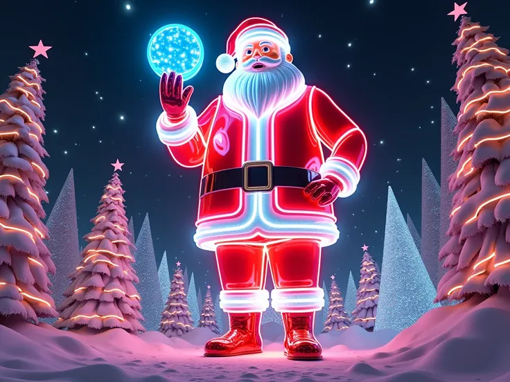 giant santa claus toy maked with neon lights and christmas background with a lot colors and neon lights