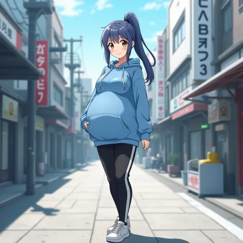  girl anime,  blue hoodie  ,  black and white thin pants  ,  white sneakers  ,  walking around Tokyo,  thin hair , Anime style,  high definition ,  brown eyes ,  long hair,big breasts, Очень  big breasts ,  very big belly ,  hyperpregnant girl ,  keep your...