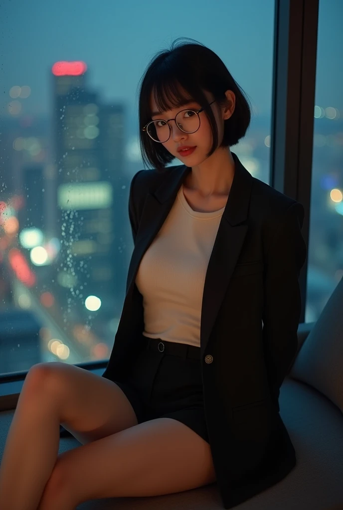 asian, real photo, A captivating Japanese girl, beautiful cute, High-quality Realistic of thai woman, Beautiful girl in office uniform on the sofa (((large breast , big breast , nsfw))) , Spread your legs wide., Big breasts, Cute sexy pose, In a small skys...