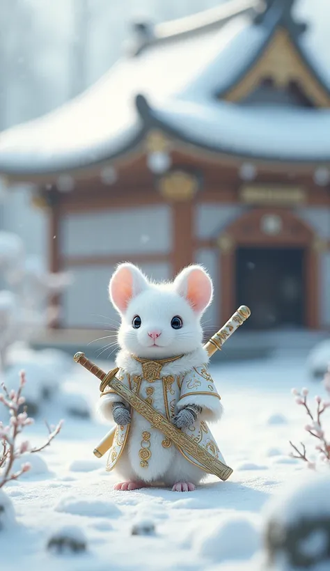  imaginary　Japanese Style　snow　shrine　A white mouse has white armor　Gold embroidery　Gold decoration　Sword on the back