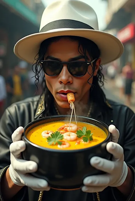  Black bowl with Marajoaras designs filled with yellow broth with shrimp and parsley, esfumaçante,  in the hands of singer Michael Jackson with white hat and gloves, shiny, open-mouthed sunglasses , drinking. In the background of the image is a market 