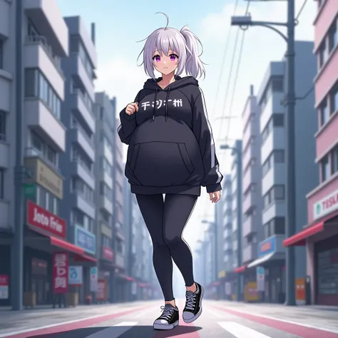 anime girl,  black and white purple hoodie  ,  black and white thin pants  ,  black and white sneakers  ,  walking around Tokyo,  thin hair , Anime style,  high definition ,  purple eyes ,  medium hair, big breasts, Очень  big breasts ,  very big belly ,  ...