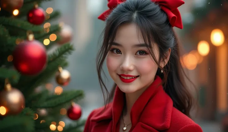 Maximum quality masterpiece, 4k resolution, (best quality, 4k, 8k, high resolution, masterpiece:1.2), super detail, (realistic, photorealistic, photorealistic:1.37), HDR Christmas professional photography,1girl,solo,bow,jewelry,christmas,hair bow,earrings,...