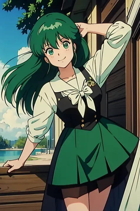  High Quality ,   masterpieces, Green Hair,  1 girl, smile, smile, 80&#39;s anime vibe, style of Macro,   studying 80s anime style ,   80s anime art style  , Macro, 1980s anime style,
