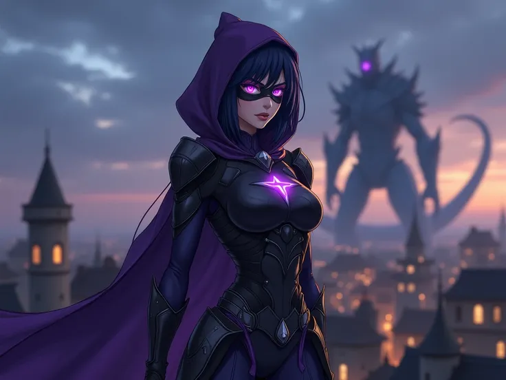 anime,  beautiful woman , Slim body, dark blue short hair , very bright light purple eyes, serious face,  dark shadow around her eyes , black makeup with purple , light villain armor color black with dark purple and gray details, dark purple hooded cape fo...