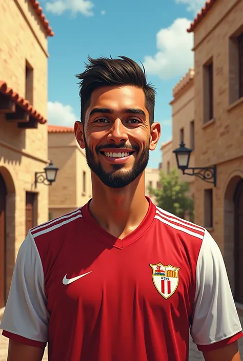  Create me an image of Jesús Navas   (Sevilla player ),  saying happy birthday Carlos with a mosquito theme.  That is the village style of Jerusalem at the time of Christ  