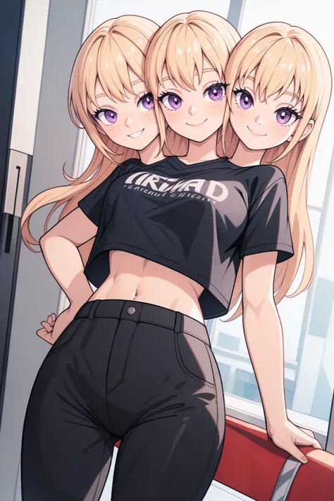 (masterpiece),(ultra-detailed), (high quality), (high resolution), best quality:1.5, UHD, 16K), best quality, masterpiece, ((2heads:1.5)), 1girl, Ultra resolution, 16k, best quality, 1girl, (blonde hair), (dark red hair), long hair, violet eyes, black t sh...