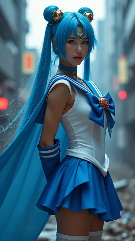 (Qingxu_fotografía  realistic  de retratos de belleza asiática_v11), (Qingxu_fotografía  realistic  de retratos de belleza asiática_f.11),Hermosa mujer japonesa cosplay sailor mercurio with blue hair and a blue cape on her head, (dark ebony skin:1.4),white...