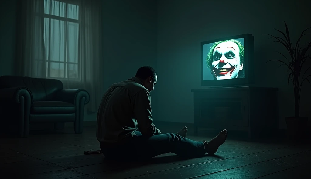 Generate a man sitting on his back in a sinister room where he is watching television and a face like a joker appears on the screen laughing 
