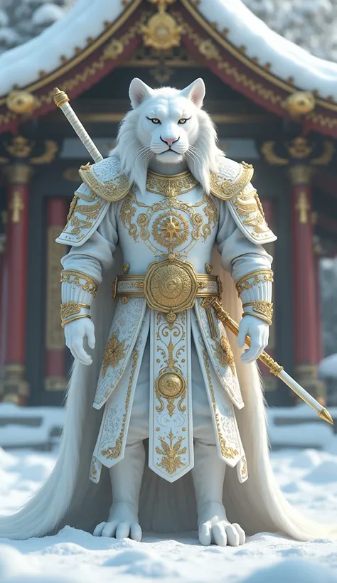  imaginary　Japanese Style　snow　shrine　The white tiger has white armor　Gold embroidery　Gold decoration　Sword on the back