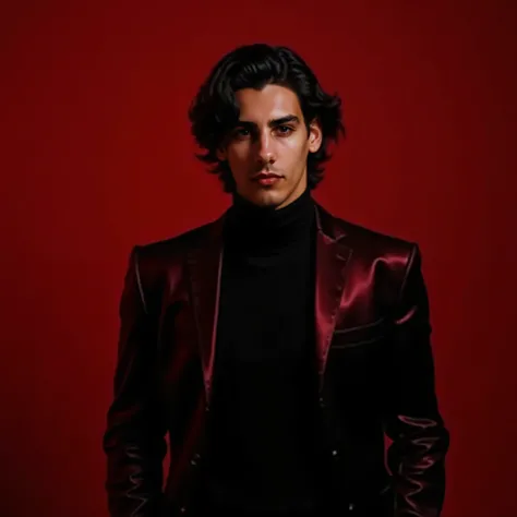 man, 30 years,  Shiny black silk blazer , black turtleneck sweater , medium wavy black hair .  Dark red image background.