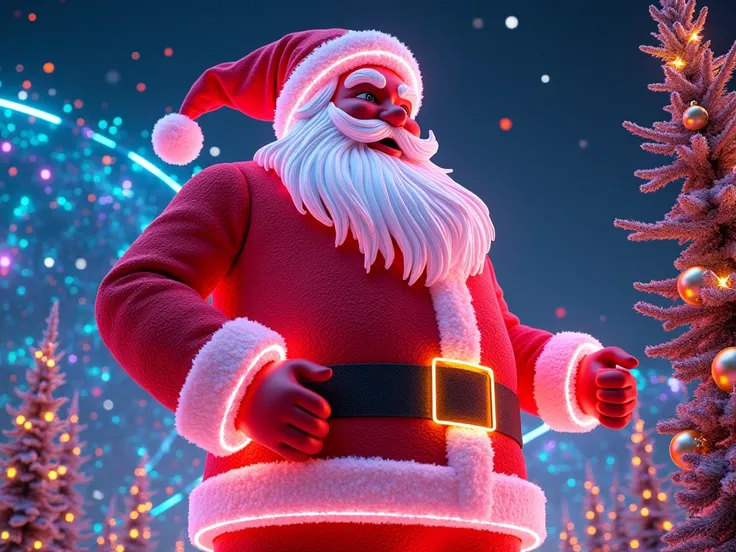 giant santa claus toy maked with neon lights and christmas background with a lot colors and neon lights