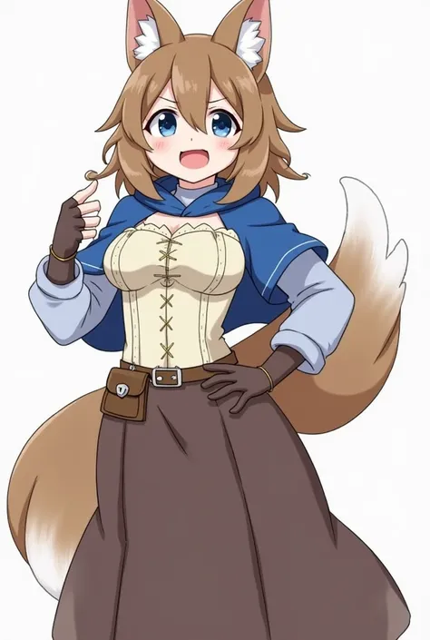 1girl, tail, furry, animal_ears, blue_eyes, brown_hair, belt, looking_at_viewer, furry_female, gloves, wolf_tail, kind smile, open_mouth, wolf_ears, fingerless_gloves, hair_between_eyes,long skirt, hand_on_hip, snout, breasts, pouch, brown_gloves, cream wh...