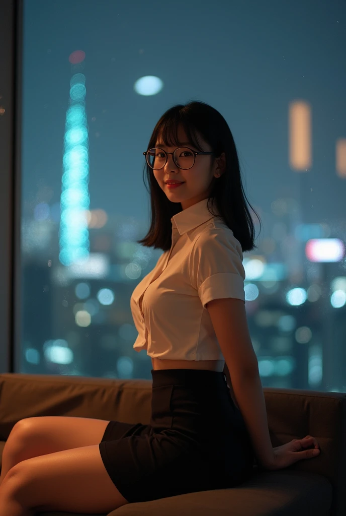 asian, real photo, A captivating Japanese girl, beautiful cute, High-quality Realistic of thai woman, Beautiful girl in office uniform on the sofa (((large breast , big breast , nsfw))) , Spread your legs wide., Big breasts, Cute sexy pose, In a small skys...