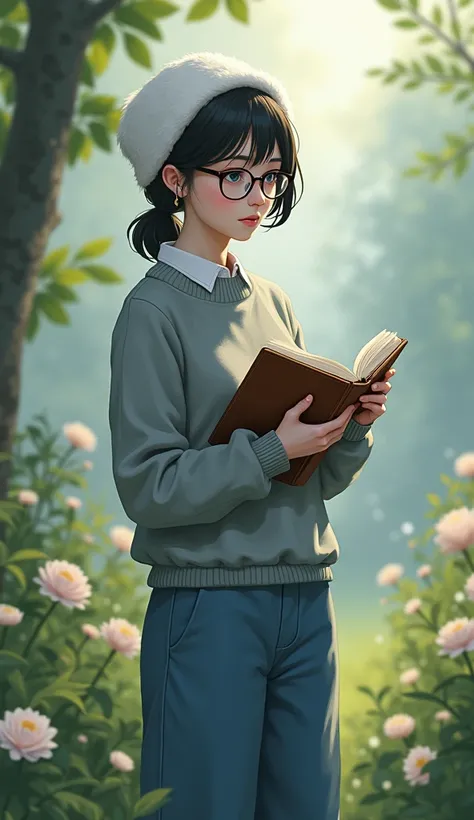 A girl wearing grey woollen sweater with blue parallel pants ,with short ponytail, wearing glasses, without earings, with one tin leg with a leather book in her hand, wearing a white fur cap with a garden as background with no bags