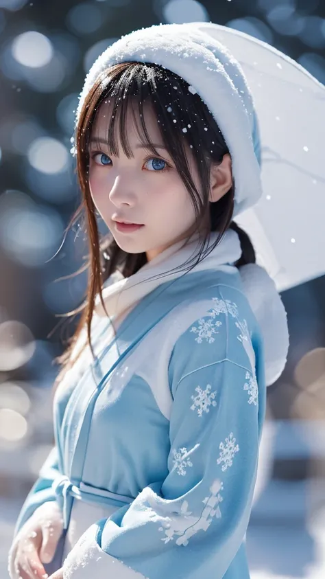 Long-haired woman with pale blue skin wearing a light blue yukata, snowが舞う, snowが飛び散る, snowが吹き荒れる, snowの結晶, ( realistic :1.5), ( Details:1.5), ( High Quality :1.5), ( high definition :1.5), (Three-dimensional:1.5), ( Cinematic Lighting:1.5), ( Cinematic Sh...