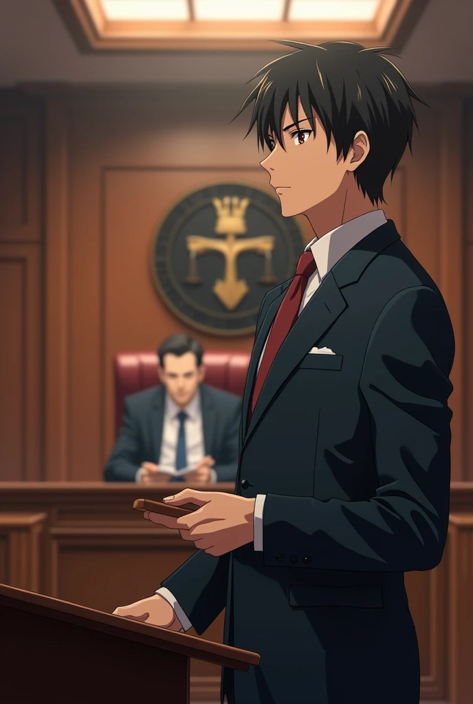 Lawyer doing his work in court in from of judge in courtroom . Anime pic look realistic