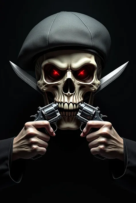 Skull in gray beret design and red eyes with a knife in its teeth and two pistols crossing each other in front on a black background 