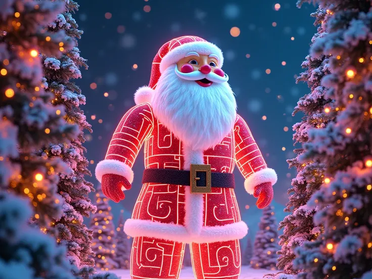 giant santa claus toy maked with neon lights and christmas background with a lot colors and neon lights