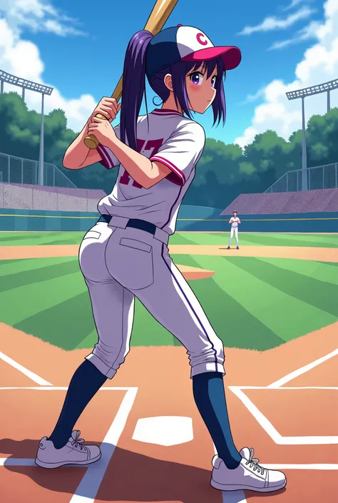 Japanese animation style、High school girl、Baseball uniform 、 Baseball Cap 、left-hitter、Dark Purple Long Hair、single ponytail、 purple pupils