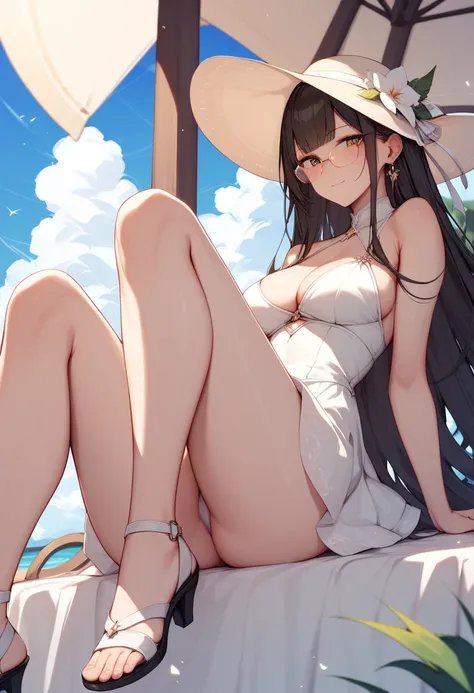 Semiramis, white dress, showing leg, sun glasses