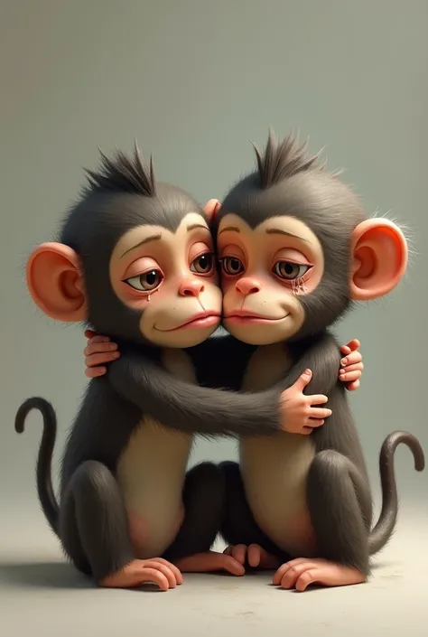 Two little monkeys hugging each other crying 