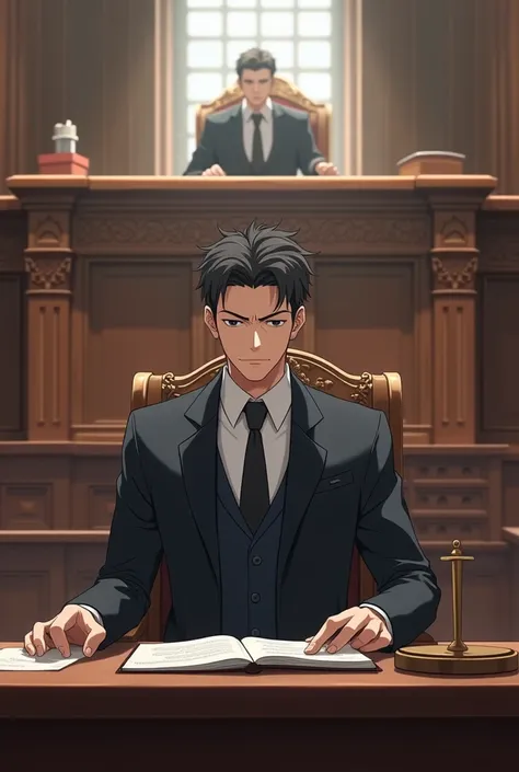 Lawyer doing his work in court in from of judge in courtroom in lawyer dress . Anime pic look realistic