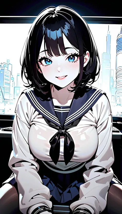 ( top quality:1.24K, 8k,  studio animation,  very detailed, up to date,  vibrant,  high detail,  High Contrast, masterpiece:1.2,  top quality,  best aesthetics), ((( 1 girl))), Sit and pose, ＪＫ,  sailor suit ,   pleated skirt  ,   loose socks,  loafers,   ...