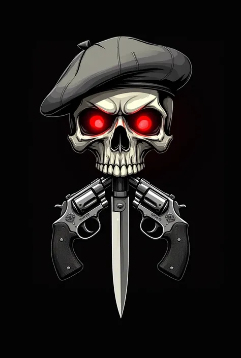  Skull in gray beret design and red eyes with a knife in the middle and two pistols crossing each other on a black background, Handless 