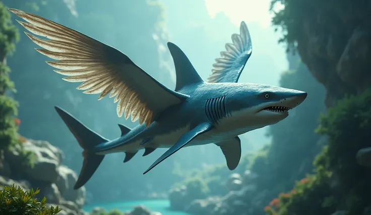 Create 16K realistic images
Fullbody
A shark has wings.
Looks very natural , elegant,  dashing
With a natural background 