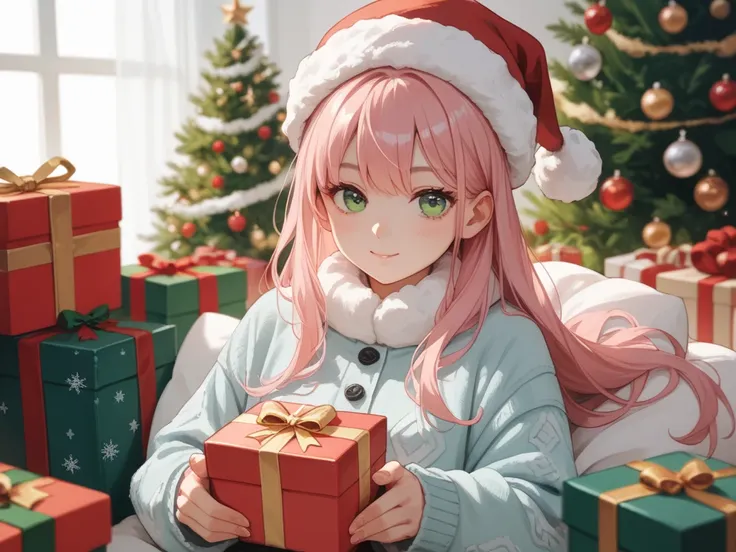 pink hair anime girl giving christmas present to the screen, long hair, green eyes, cozy winter outfit
