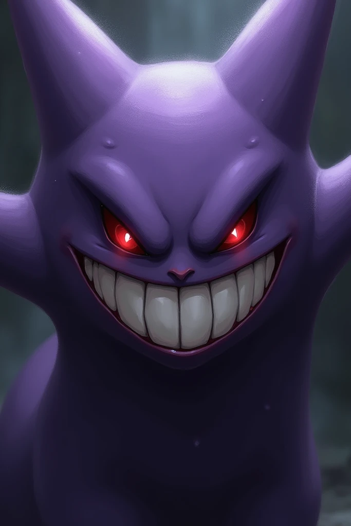 Create an image of the pokemon gengar. The image should be zoomed in very closely to his face. His smile should be devious