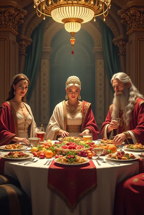 ester, Aman and King Azuero eating a banquet seated at the table