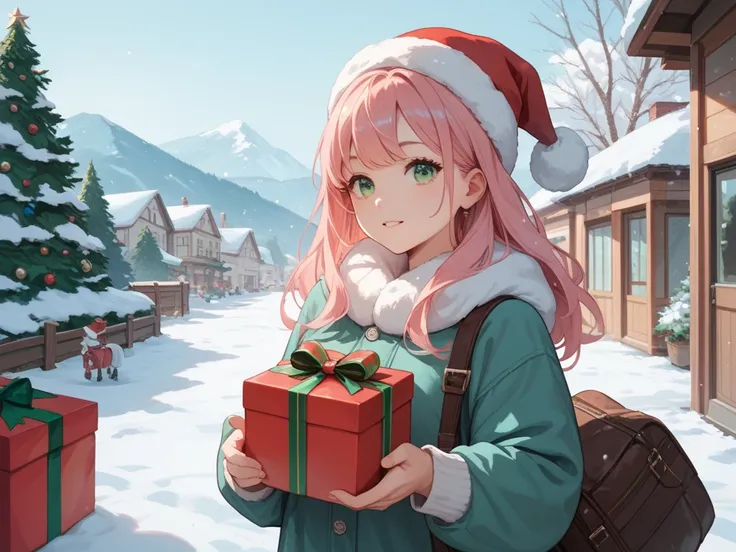 pink hair anime girl giving christmas present to the screen, long hair, green eyes, cozy winter outfit, outdoor, snow
