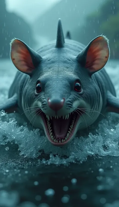 Movie scene,  A monstrous creature Hybrid Shark teaming up with Rat in the sea, The creature has the ears of a mouse and the face of a mouse and the eyes of a monstrous shark. Storm raining a lot  ,strong winds, lens flares, light axes,  intricate details,...