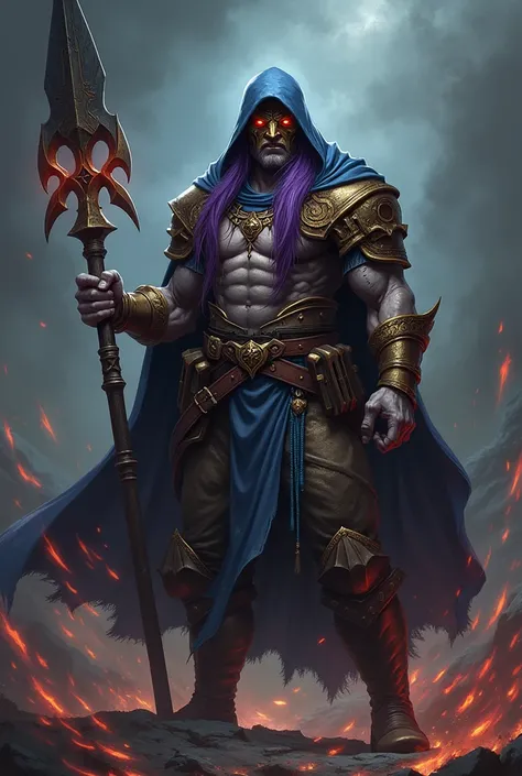 This character is a powerful warrior with a striking appearance. He has pale skin and long, flowing purple hair that cascades down his back. His torso is scarred and battered, with visible wounds that seem to tell a story of their own. However, he shows no...