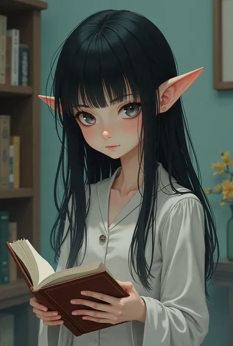 A young elf girl with a pale face, droopy eyes, straight black hair, and bangs. Her slender body, the little dwarf makes her lack in the chest department,
She loves books, Anime