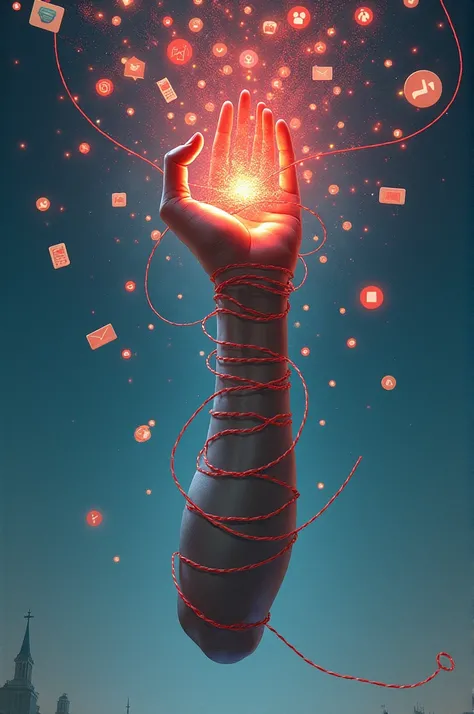 Create an illustration for me where notification chains are holding a human arm