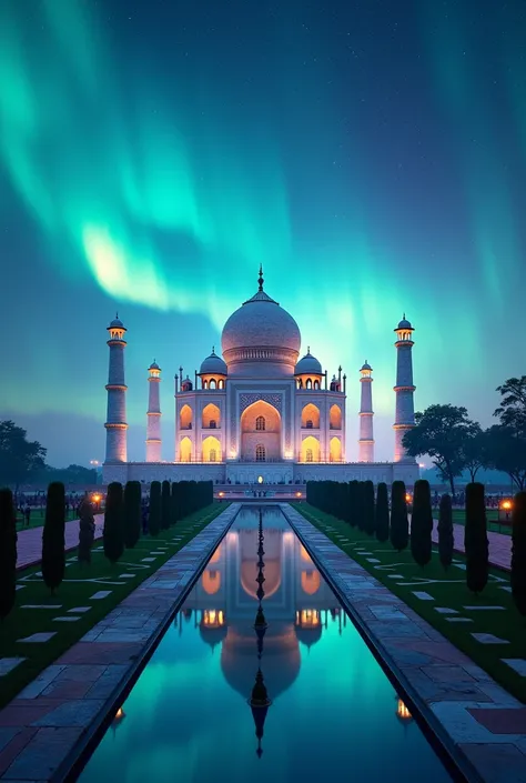 SHOW A REALISTIC IMAGE, 8k, Taj Mahal, India, starry sky, The northern lights,  lighting 