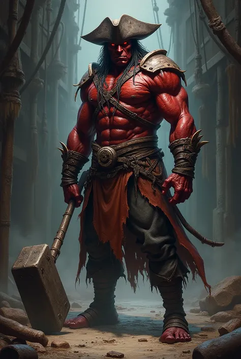 A red-skinned demon Tiefling from 1, 97 tall, very strong, Use a large sledgehammer as a weapon, He wears a pirate hat and thick leather armor with full body details and red eyes 