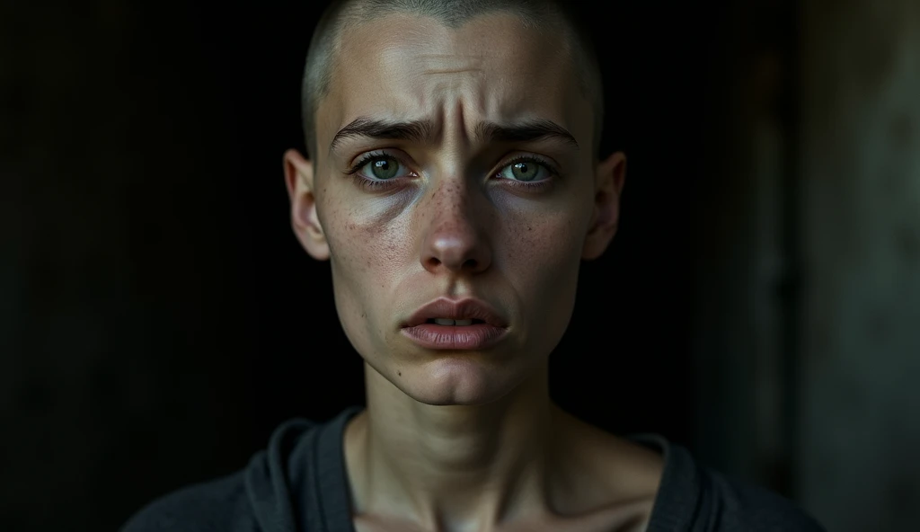  realistic photograph, Close-up of sad face young woman shaved with cancer,  in a dark place 