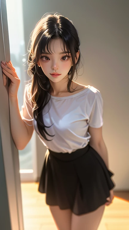 She stands casually, her body slightly leaning against the wall, while in the side shots, she playfully poses with soft movements, and in the close-up, she gazes down sweetly.