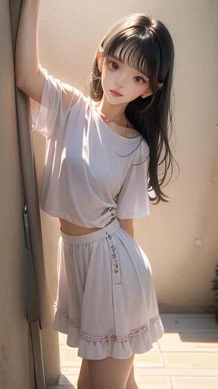 She stands casually, her body slightly leaning against the wall, while in the side shots, she playfully poses with soft movements, and in the close-up, she gazes down sweetly.