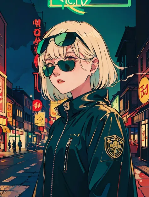  beautiful Korean women with good ratios、 ash blonde hair, Tattoo on,  smokes white tailor-made cigarettes 、 and {x} wears leather jackets and red sunglasses, The city behind her ,  in the style of neon realism ,  charming characters ,  action, Gadget Punk...