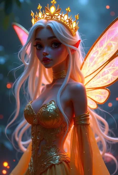 A fairy-haired fairytale ,  with wings and gold clothing in shiny neon with a stone crown on the head, Lots of glitter and dark background animação 3D