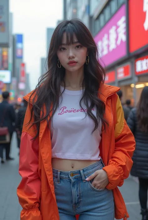 A beautiful young woman in Shibuya, a vibrant and colorful urban district in Tokyo, Japan, during the day. She is wearing a stylish T-shirt, a colorful jacket, and a miniskirt. Her eyes are cute and expressive, and she is facing the camera with a full-body...