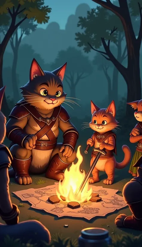 "The dad cat and baby cat gather with other feline warriors around a campfire, strategizing the battle plan. The dad cat points at a drawn map on the ground while the baby cat listens intently, clutching his sword."

