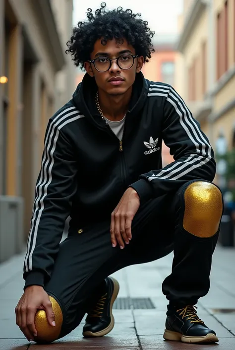  Create a man who wears hipster lenses with curly black hair who wears gold knee pads, lie on your knees and point to one of your knees , to wear a black Adidas sports jacket and black sports pants 