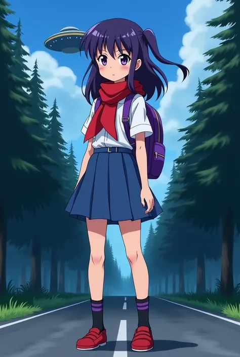  creating full body image in the art anime movie style , Of a white teenage American girl , deep purple hair,  long and smooth hairstyle to the side with a purple ribbon on the back ,  purple eyes,  white collar shirt with short sleeves , Red explorer scar...